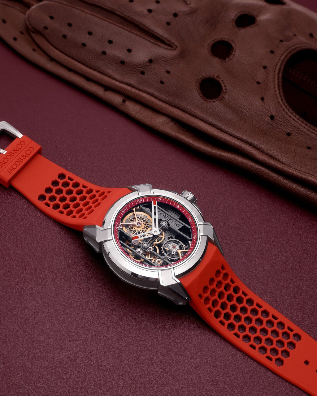 Limited Edition Jacob & Co. Epic X Skeleton watch with an orange rubber strap. (C05)