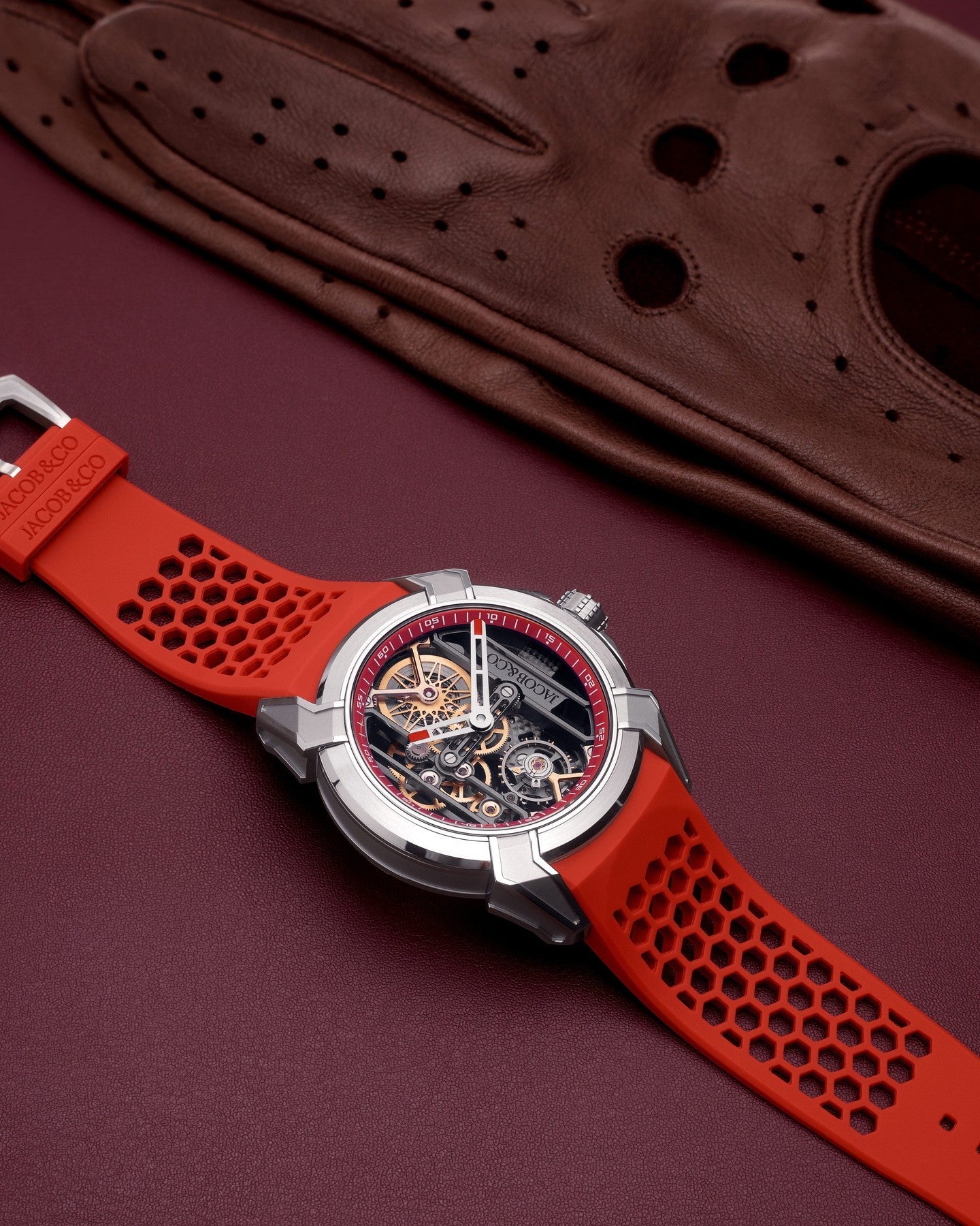 Limited Edition Jacob & Co. Epic X Skeleton watch with an orange rubber strap. (C05)