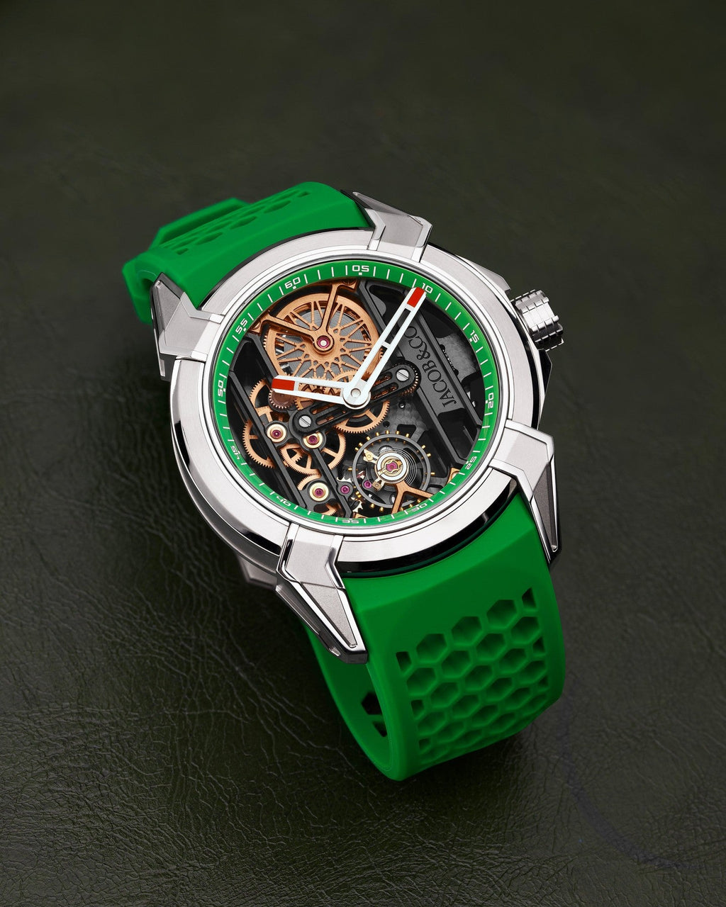 Limited Edition Jacob & Co. Epic X Skeleton watch with an orange rubber strap. (C05)